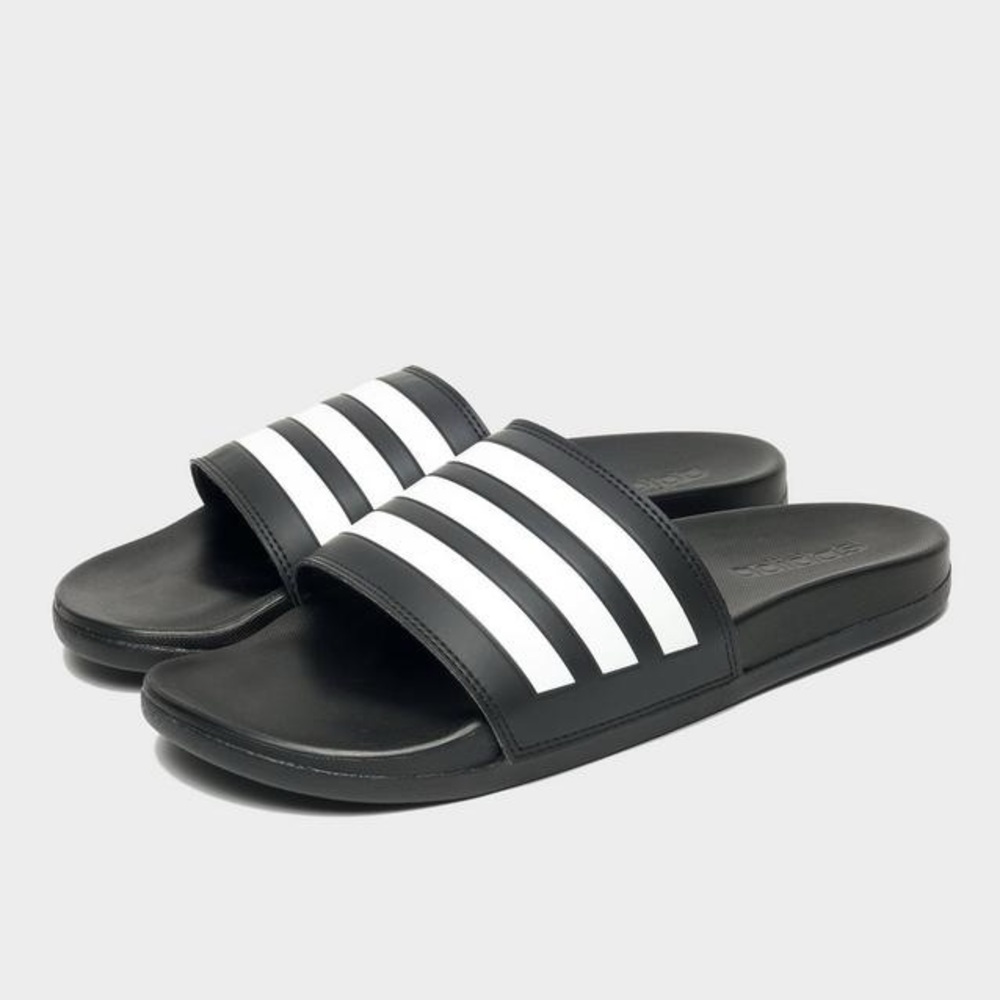 Adidas Black Slides with White Stripes